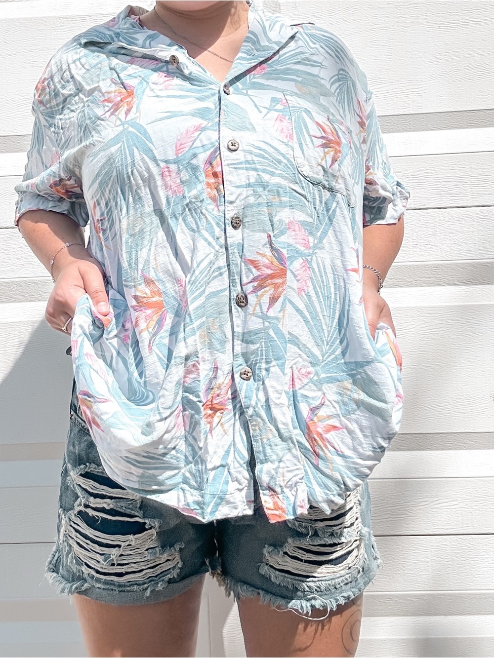 Light Blue Tropical Button-Up Women's Shirt